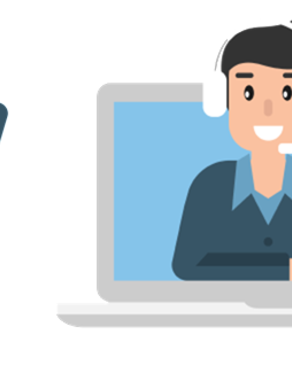 Illustrated image of a cartoon phone and laptop with two people in headsets and speech bubbles