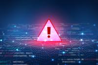 Cybersecurity Warning Alert with Digital Code and Network Connections. A digital cybersecurity warning icon with an exclamation mark, displayed over computer code and connected network nodes, symbolizing data security threats and online risk alerts.