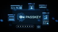 Glowing blue passkey authentication concept with fingerprint hologram, password interface, and digital icons on dark background.