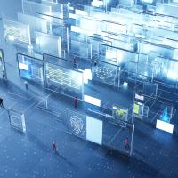illustration of man infornt of an infinite number of perspex screens