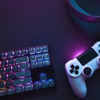 Two people holding gaming controllers in front of TV while gaming online