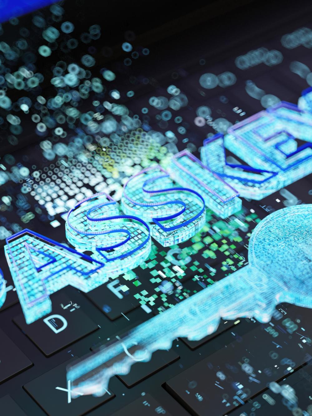 Digital passkey text and hologram key on computer keyboard