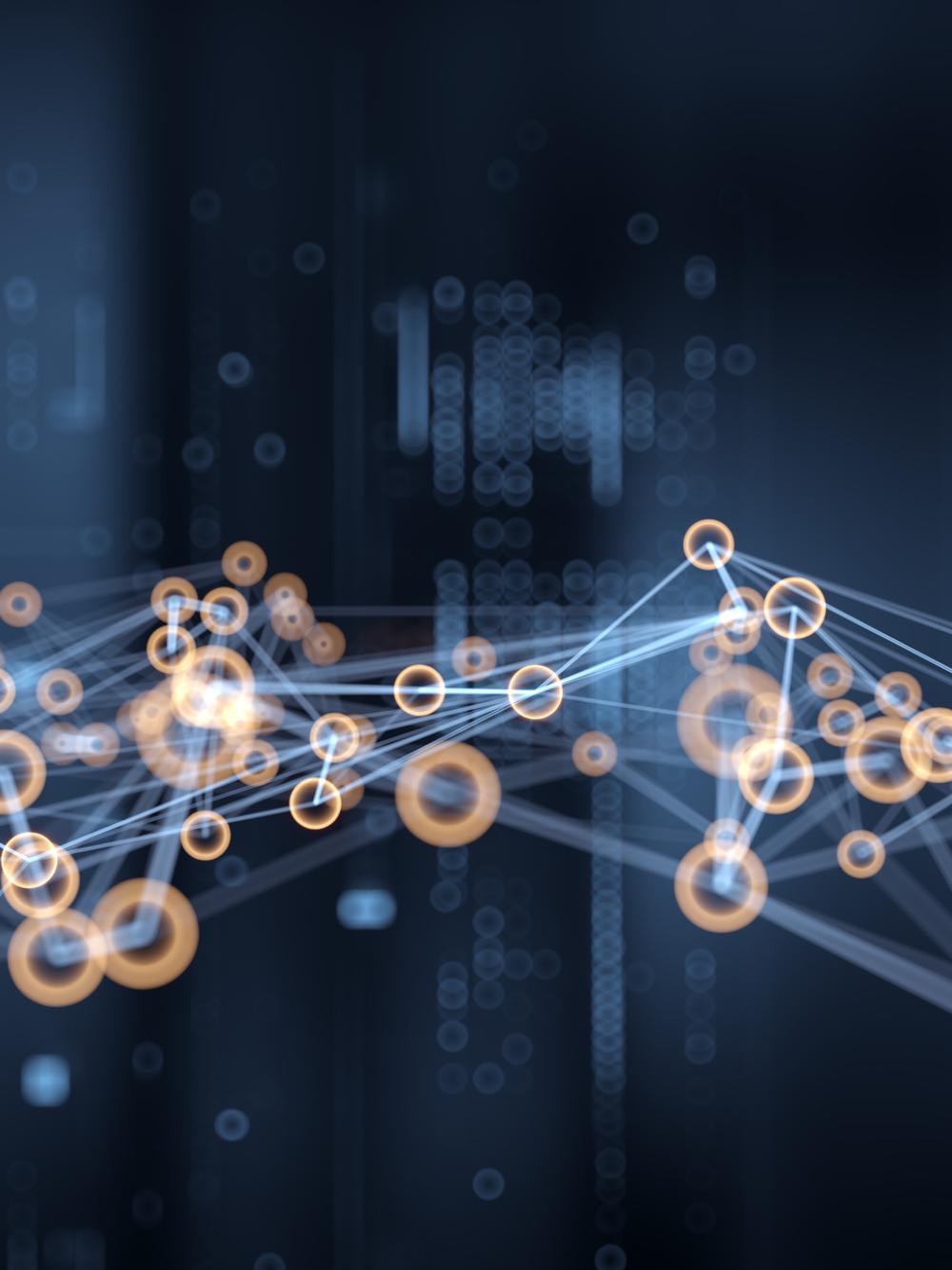 Digital background depicting innovative technologies in (AI) artificial systems, neural interfaces and internet machine learning technologies