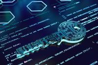 Digital Key Hologram on Futuristic Computer Code. 3D Render