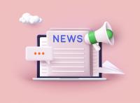 Laptop on a pink background with a newsletter showing on the screen